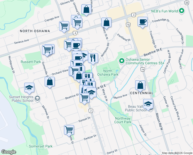 map of restaurants, bars, coffee shops, grocery stores, and more near 1140 Mary Street North in Oshawa