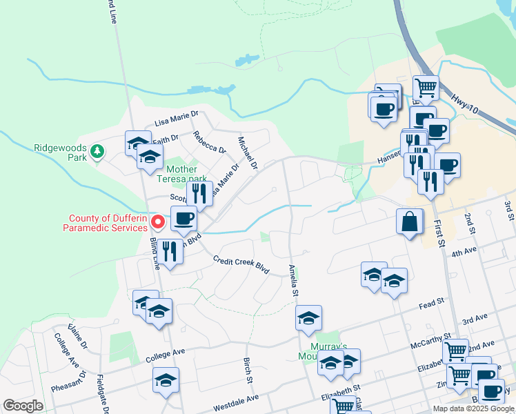 map of restaurants, bars, coffee shops, grocery stores, and more near 376 Adams Court in Orangeville