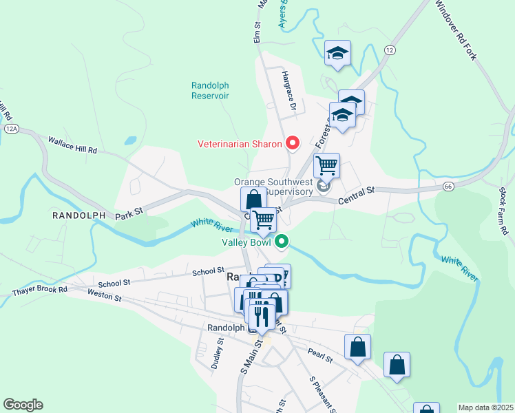 map of restaurants, bars, coffee shops, grocery stores, and more near 11 Central Street in Randolph