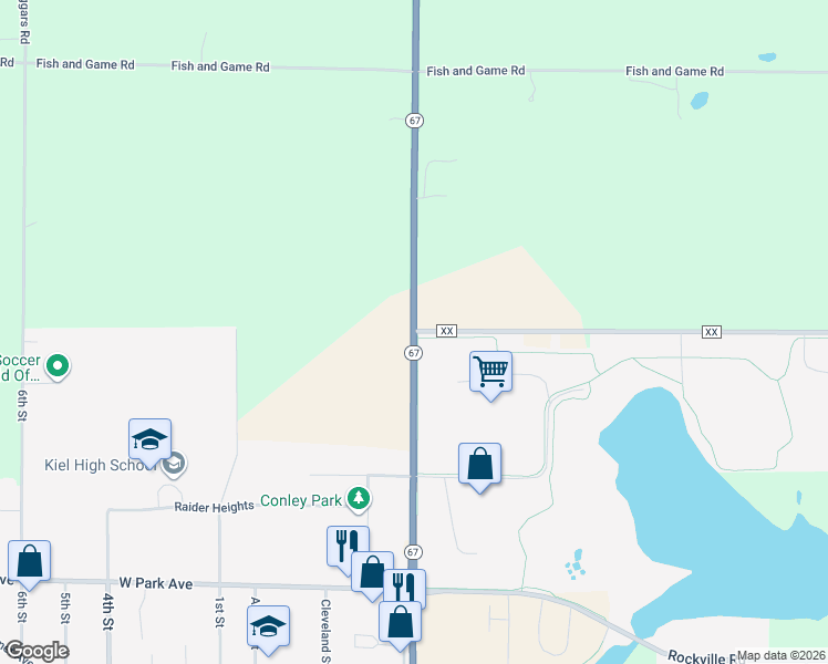 map of restaurants, bars, coffee shops, grocery stores, and more near 14102 Wisconsin 67 in Kiel