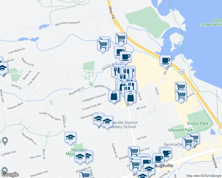 map of restaurants, bars, coffee shops, grocery stores, and more near 35 Bredin Parkway in Orangeville