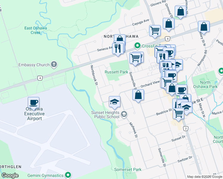 map of restaurants, bars, coffee shops, grocery stores, and more near 1206 Northgate Crescent in Oshawa