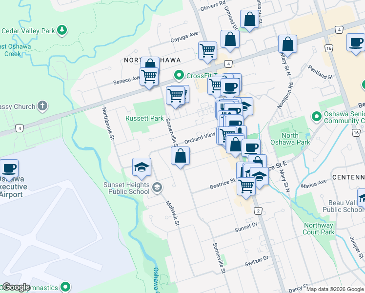 map of restaurants, bars, coffee shops, grocery stores, and more near 117 Orchard View Boulevard in Oshawa