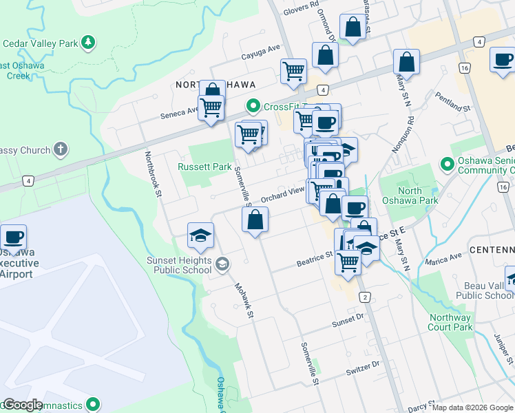 map of restaurants, bars, coffee shops, grocery stores, and more near 117 Orchard View Boulevard in Oshawa