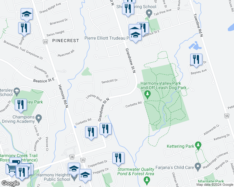 map of restaurants, bars, coffee shops, grocery stores, and more near 868 Grandview Street North in Oshawa