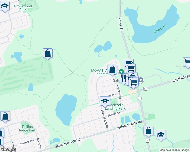 map of restaurants, bars, coffee shops, grocery stores, and more near 33 Miles Hill Crescent in Richmond Hill
