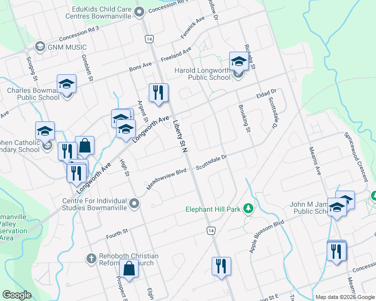 map of restaurants, bars, coffee shops, grocery stores, and more near 251 Liberty Street North in Bowmanville