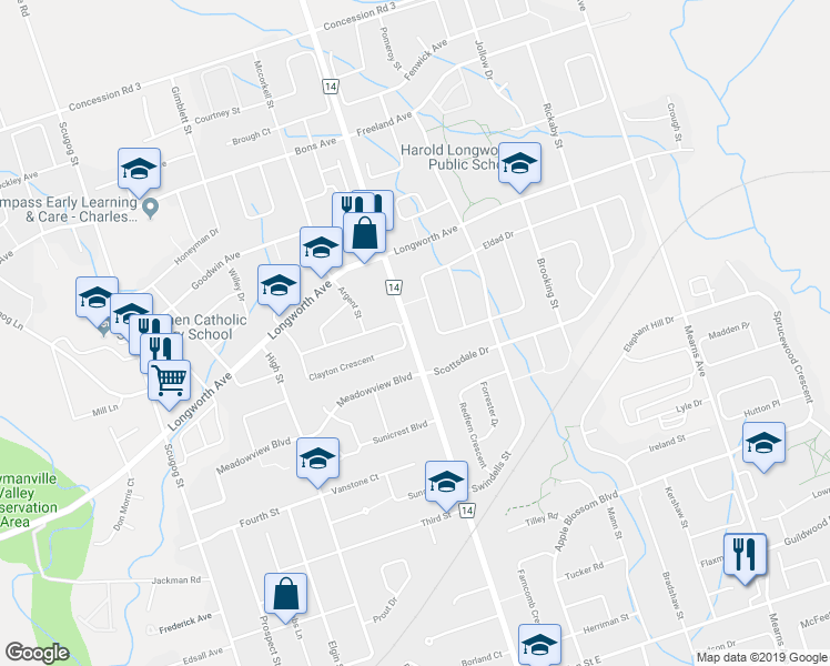 map of restaurants, bars, coffee shops, grocery stores, and more near 245 Durham Regional Road 14 in Bowmanville