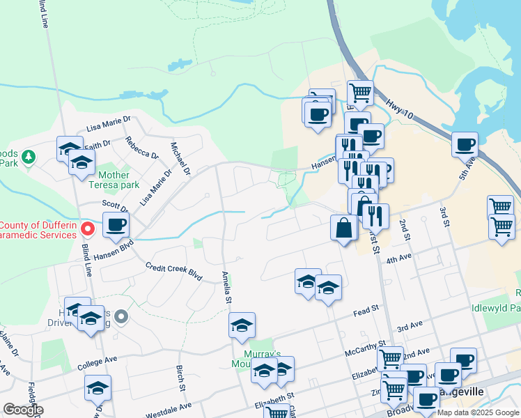 map of restaurants, bars, coffee shops, grocery stores, and more near 37 Woodvale Court in Orangeville