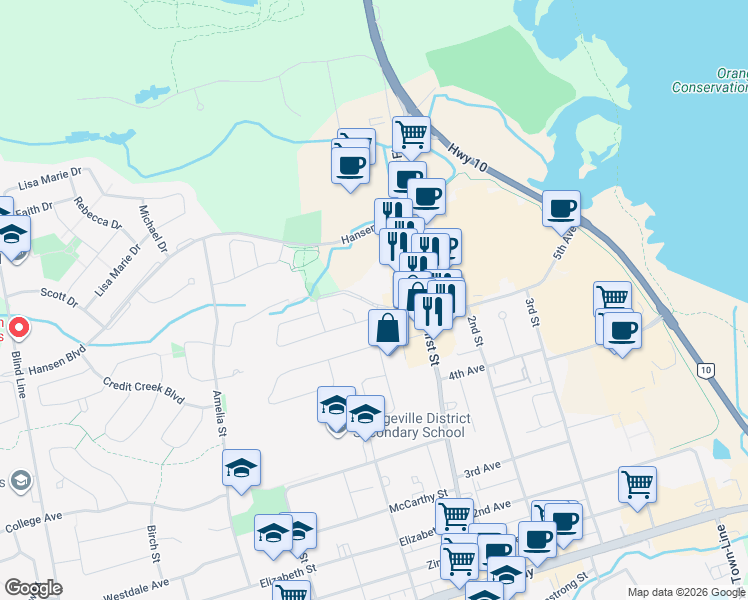 map of restaurants, bars, coffee shops, grocery stores, and more near 45 Bredin Parkway in Orangeville
