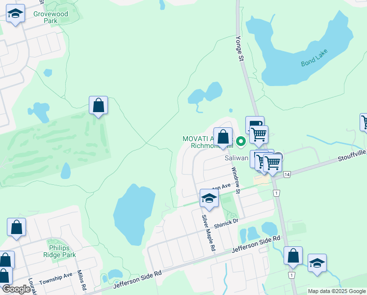 map of restaurants, bars, coffee shops, grocery stores, and more near 36 Miles Hill Crescent in Richmond Hill