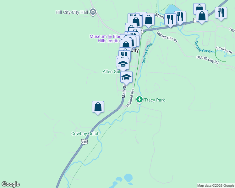 map of restaurants, bars, coffee shops, grocery stores, and more near 525 Main St in Hill City