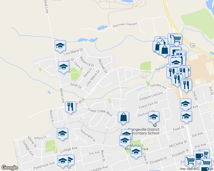 map of restaurants, bars, coffee shops, grocery stores, and more near 364 Adams Court in Orangeville
