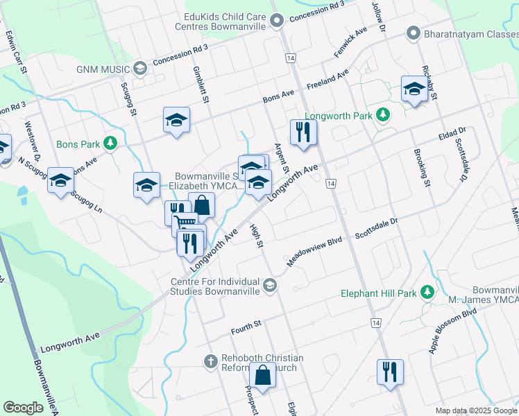 map of restaurants, bars, coffee shops, grocery stores, and more near Longworth Avenue in Bowmanville