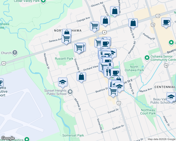 map of restaurants, bars, coffee shops, grocery stores, and more near 89 Orchard View Boulevard in Oshawa