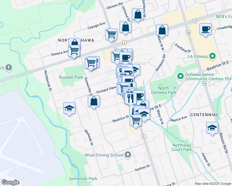 map of restaurants, bars, coffee shops, grocery stores, and more near in Oshawa