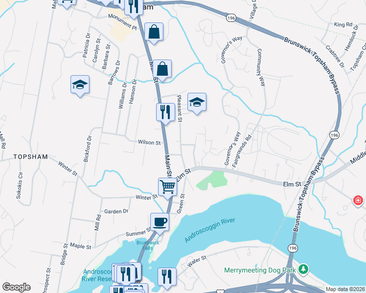 map of restaurants, bars, coffee shops, grocery stores, and more near 9 Pleasant Street in Topsham