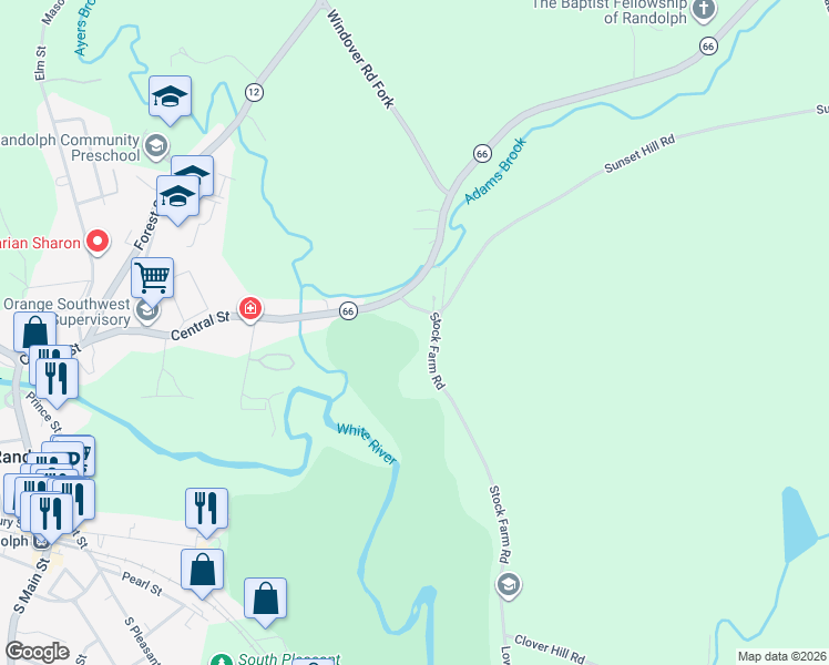 map of restaurants, bars, coffee shops, grocery stores, and more near 208 Stock Farm Road in Randolph
