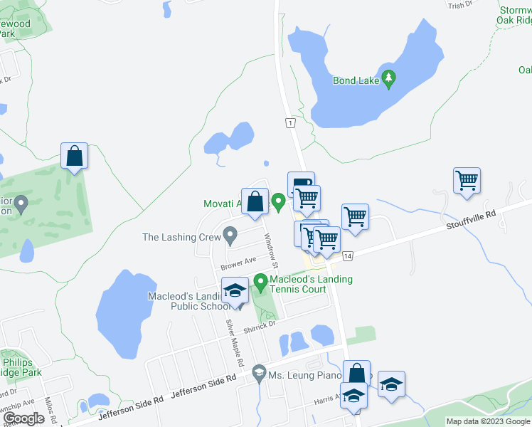 map of restaurants, bars, coffee shops, grocery stores, and more near 153 Windrow Street in Richmond Hill