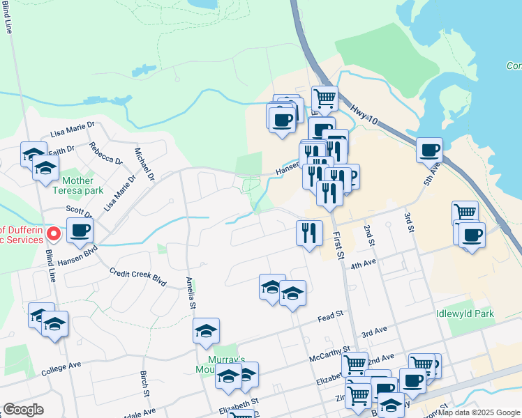 map of restaurants, bars, coffee shops, grocery stores, and more near Hansen Blvd in Orangeville