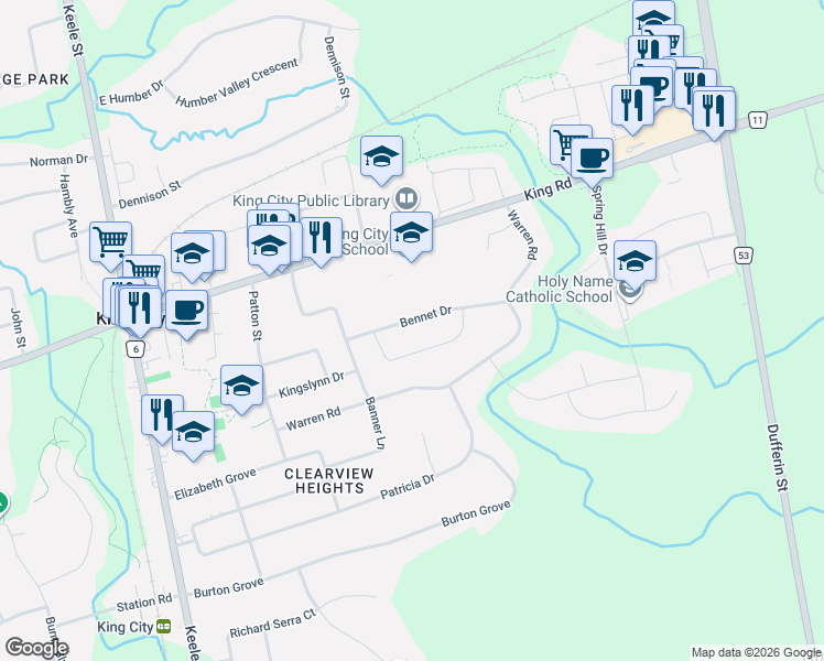 map of restaurants, bars, coffee shops, grocery stores, and more near 308 Bennet Drive in King City
