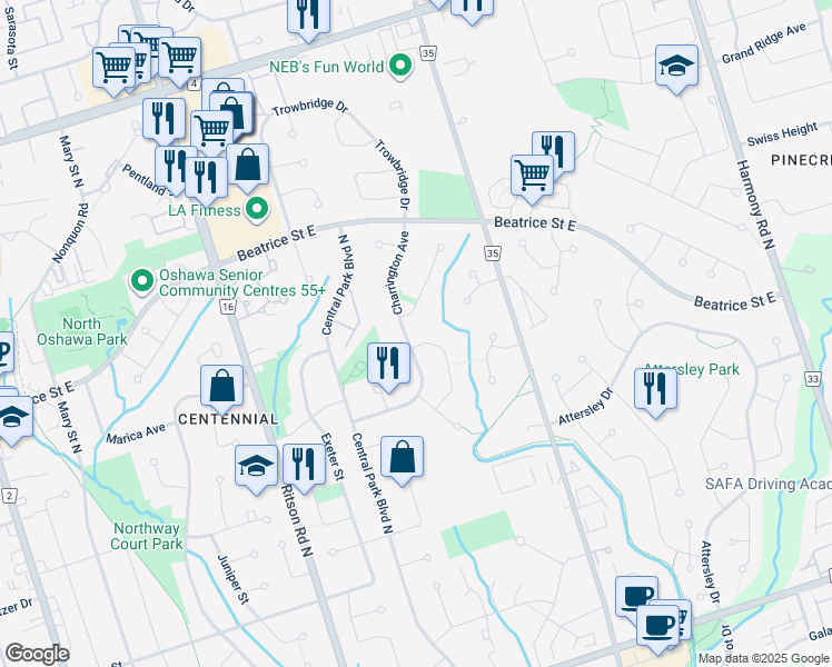 map of restaurants, bars, coffee shops, grocery stores, and more near 1079 Old Pye Court in Oshawa