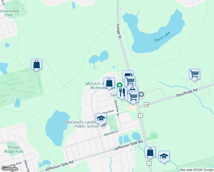 map of restaurants, bars, coffee shops, grocery stores, and more near 72 Vandervoort Drive in Richmond Hill