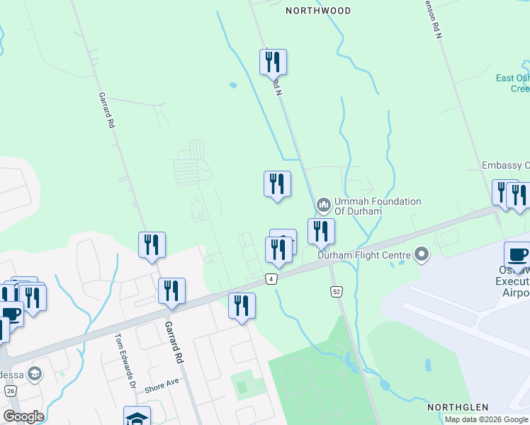 map of restaurants, bars, coffee shops, grocery stores, and more near 1472 Thornton Road North in Oshawa