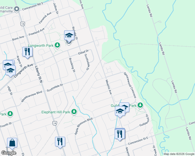 map of restaurants, bars, coffee shops, grocery stores, and more near 94 Brent Crescent in Clarington