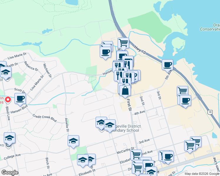 map of restaurants, bars, coffee shops, grocery stores, and more near 35 Bredin Parkway in Orangeville