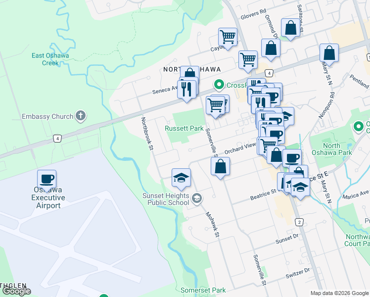 map of restaurants, bars, coffee shops, grocery stores, and more near 208 Wayne Court in Oshawa