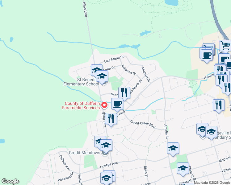 map of restaurants, bars, coffee shops, grocery stores, and more near 423 Scott Drive in Orangeville