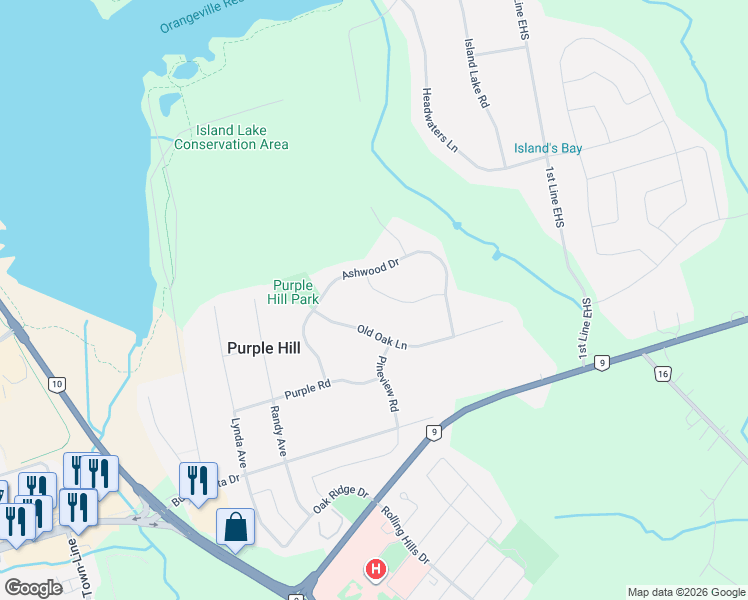 map of restaurants, bars, coffee shops, grocery stores, and more near 5 Beechnut Street in Orangeville