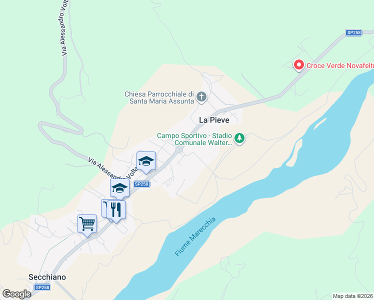 map of restaurants, bars, coffee shops, grocery stores, and more near 57 Via Romagna in La Pieve