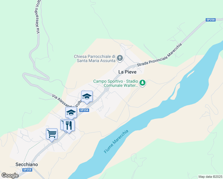 map of restaurants, bars, coffee shops, grocery stores, and more near 57 Via Romagna in La Pieve