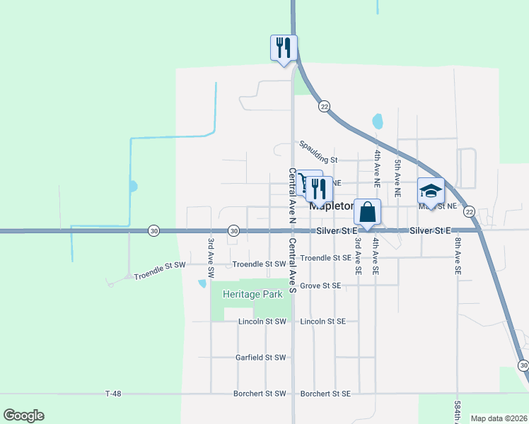 map of restaurants, bars, coffee shops, grocery stores, and more near 202 1st Avenue Northwest in Mapleton