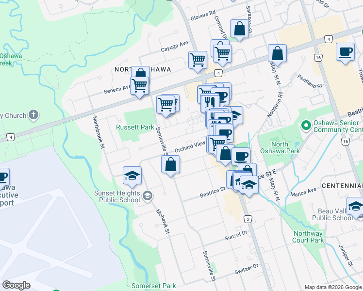 map of restaurants, bars, coffee shops, grocery stores, and more near 92 Orchard View Boulevard in Oshawa