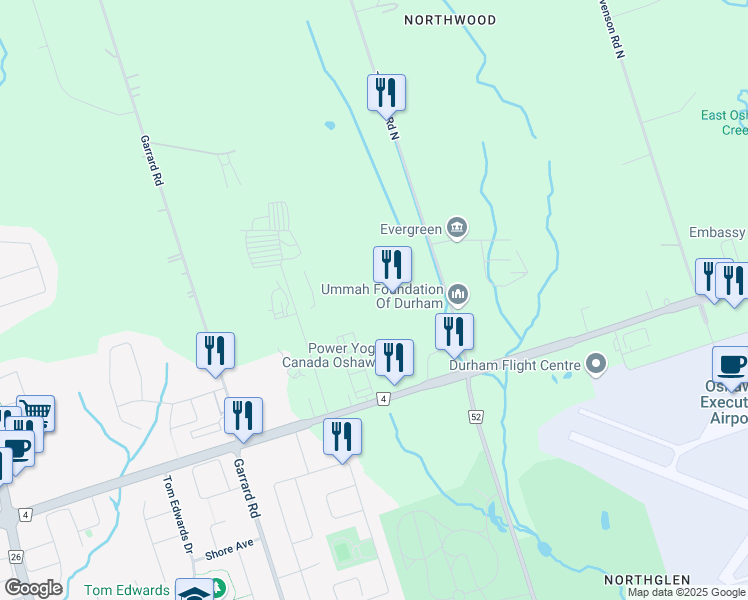 map of restaurants, bars, coffee shops, grocery stores, and more near 1472 Thornton Road North in Oshawa
