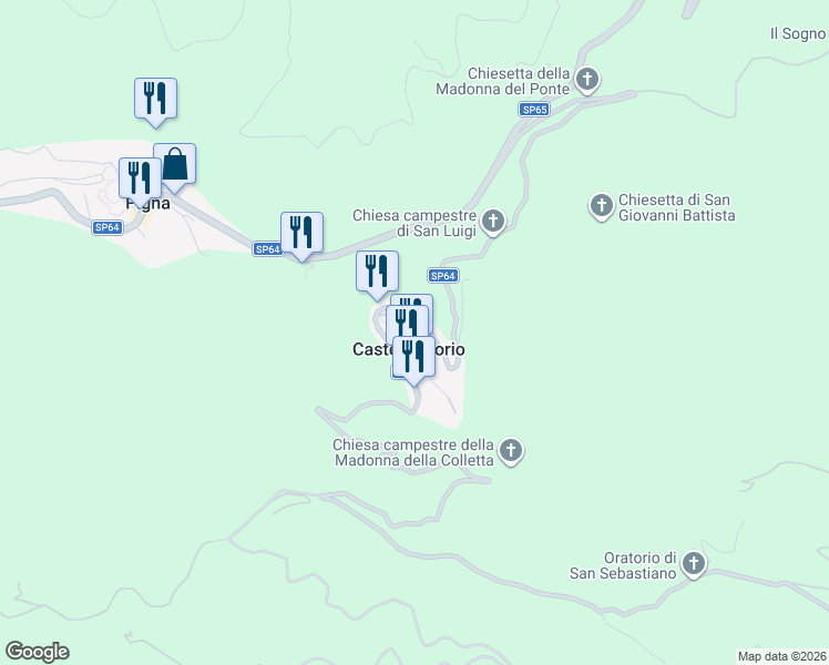map of restaurants, bars, coffee shops, grocery stores, and more near 16 Via Piecastello in Castel Vittorio