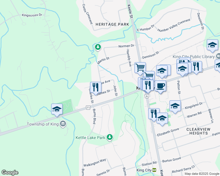 map of restaurants, bars, coffee shops, grocery stores, and more near 134 James Street in King City