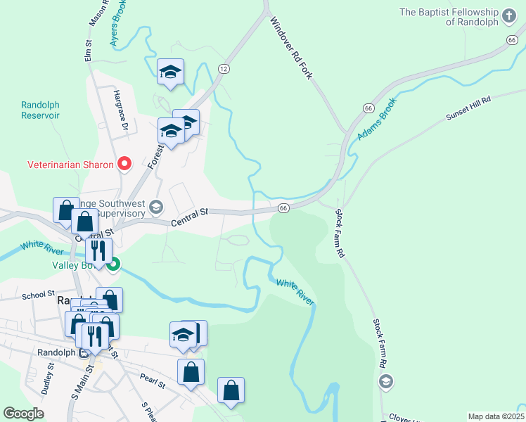 map of restaurants, bars, coffee shops, grocery stores, and more near 3 Vermont 66 in Randolph