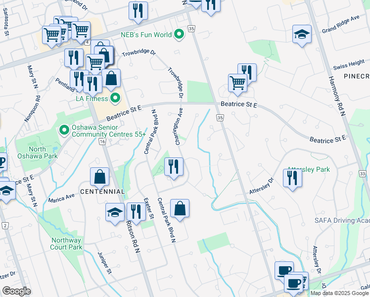 map of restaurants, bars, coffee shops, grocery stores, and more near 1079 Old Pye Court in Oshawa
