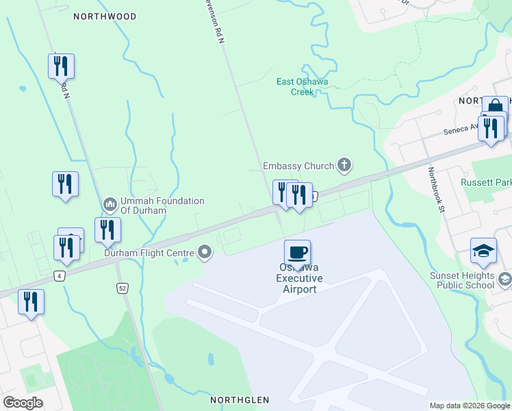 map of restaurants, bars, coffee shops, grocery stores, and more near 580 Taunton Road West in Oshawa