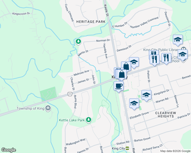 map of restaurants, bars, coffee shops, grocery stores, and more near 37 John Street in King City