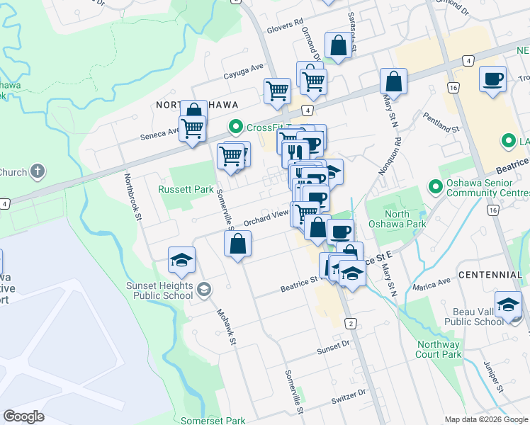 map of restaurants, bars, coffee shops, grocery stores, and more near 70 Orchard View Boulevard in Oshawa
