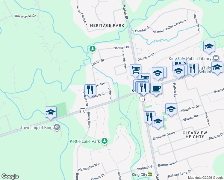 map of restaurants, bars, coffee shops, grocery stores, and more near 37 John Street in King City