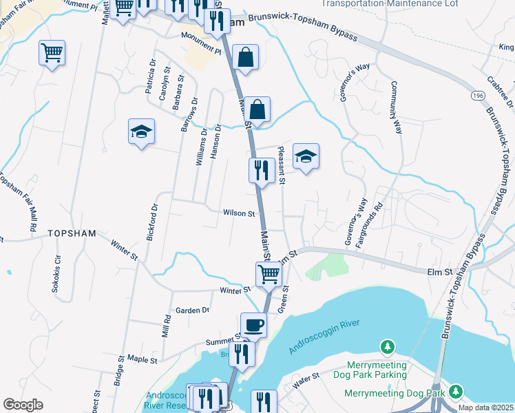 map of restaurants, bars, coffee shops, grocery stores, and more near 54 Main Street in Topsham