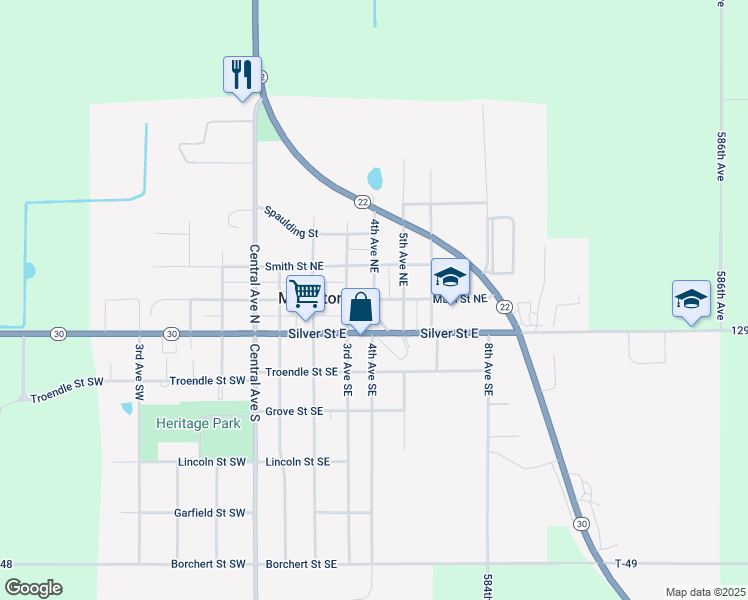 map of restaurants, bars, coffee shops, grocery stores, and more near Main Street Northeast in Mapleton