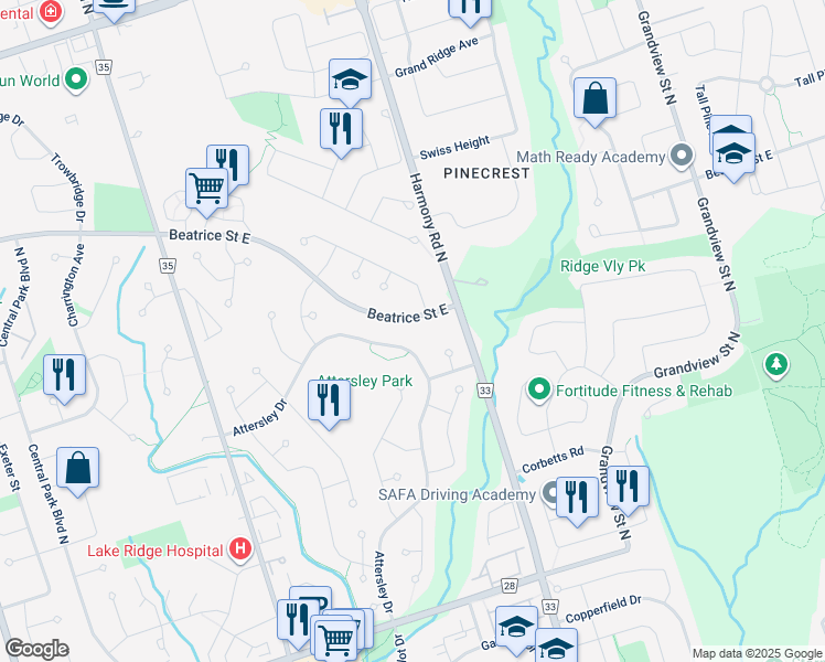 map of restaurants, bars, coffee shops, grocery stores, and more near 843 Beatrice Street East in Oshawa