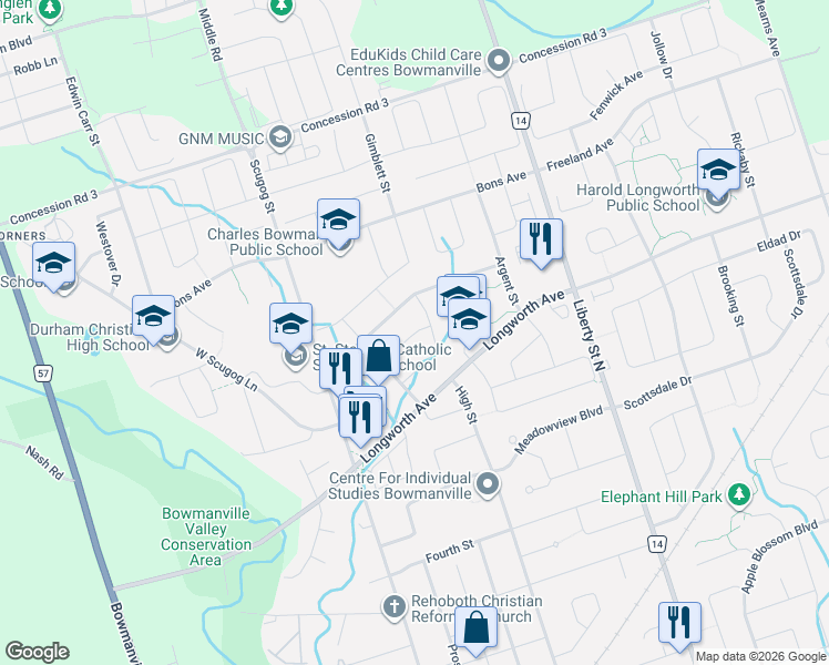 map of restaurants, bars, coffee shops, grocery stores, and more near 21 Birmingham Avenue in Clarington